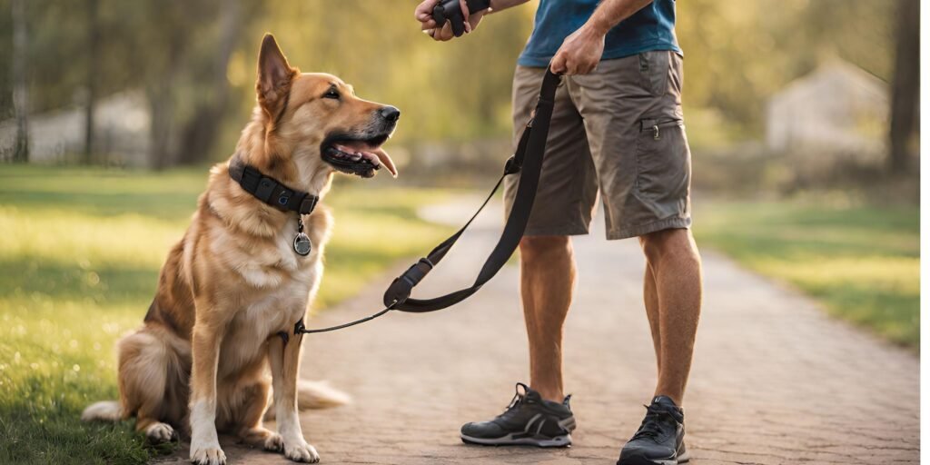 image showcasing a confident dog trainer, using an e-collar, skillfully guiding a well-behaved dog both on and off-leash. 