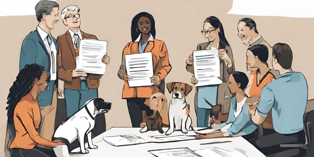 image showcasing a diverse group of stakeholders, including dog trainers, owners, and experts, gathered around a table to discuss about e-collar for training dogs