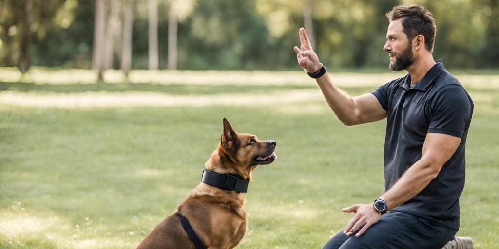 image showcasing a dog trainer using an e-collar during a training session. Show the trainer giving a hand signal for a known command while the dog responds attentively, displaying focused and engaged body language