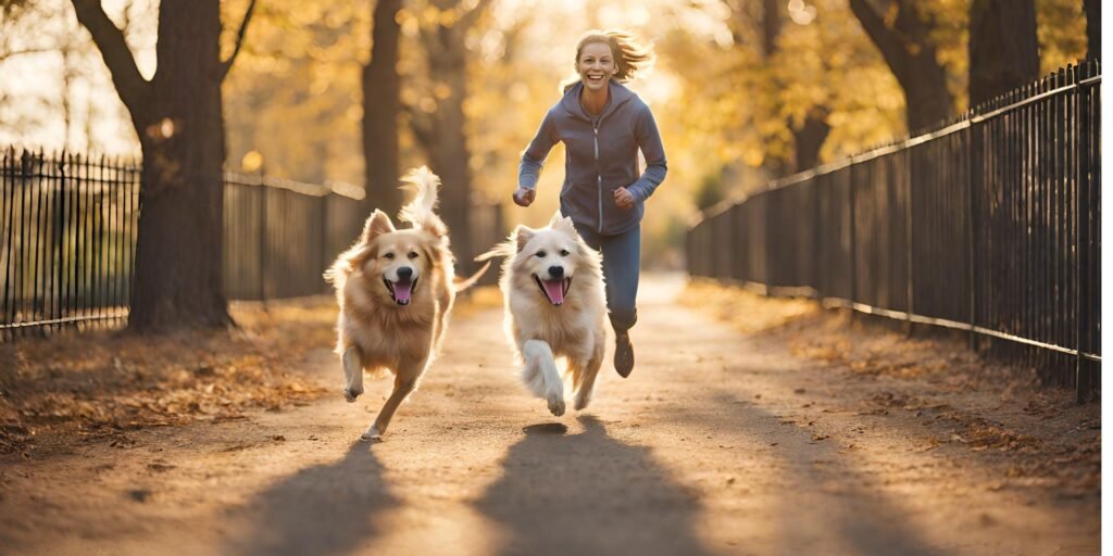 image that showcases a happy dog joyfully running off-leash through a spacious, fenced-in park with a content owner watching nearby